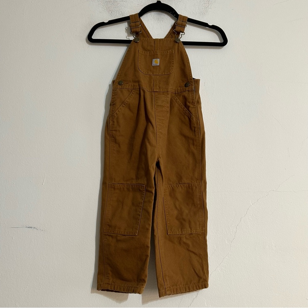 Carhartt Kid's Brown Canvas Bib Cotton Flannel Overalls Double Knee Size 3T